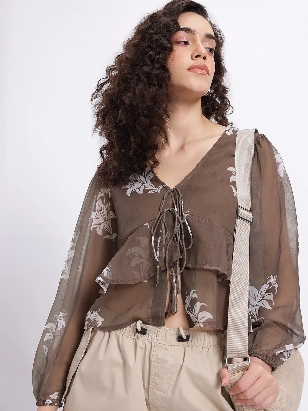 Buy glitchez Floral Print Tie-Up Puff Sleeve Empire Top - Tops for