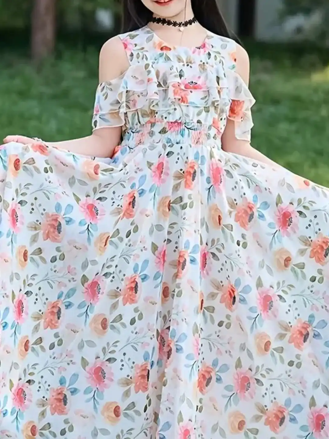 Buy BAESD Girls Floral Print Cold-Shoulder Layered Georgette Gown