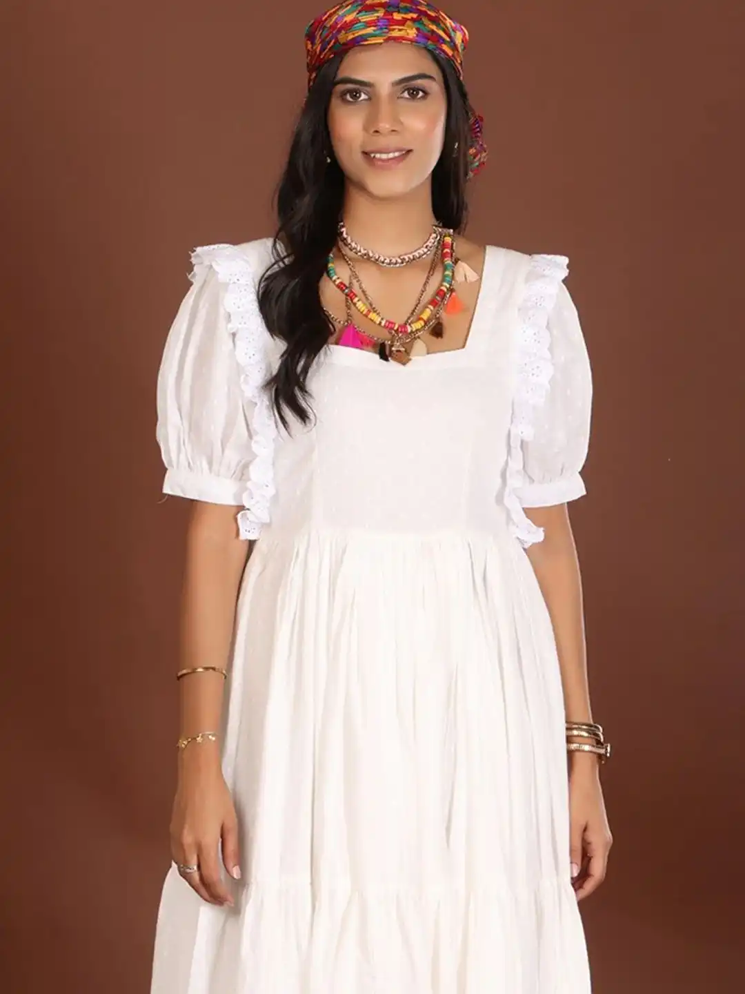 Buy JIRAAZI Puff Sleeve Ruffled A-Line Midi Dress - Dresses for