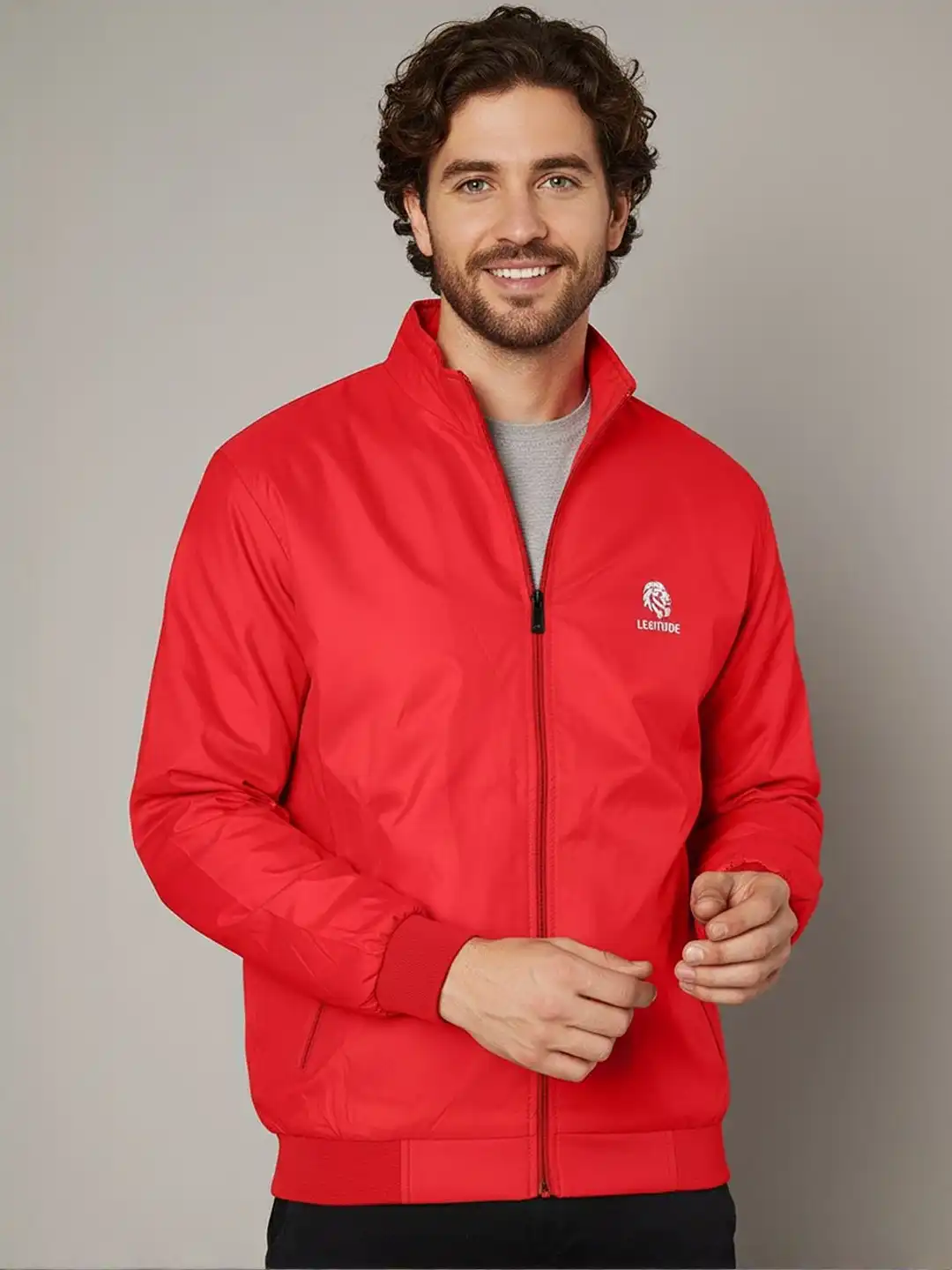 Buy Leotude Men Mock Collar Solid Windcheater Bomber Jacket