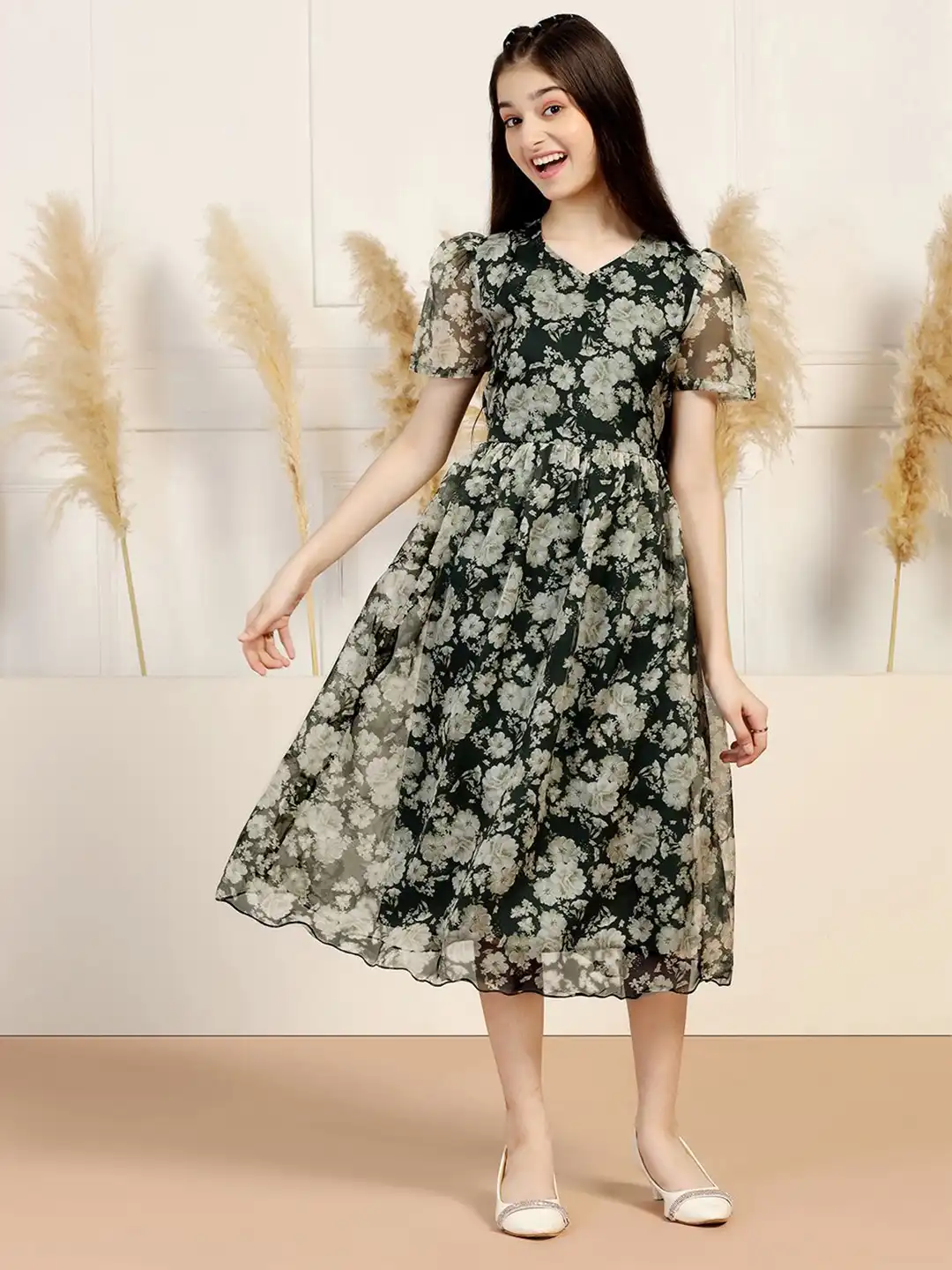 Buy YK Girls Floral Print Puff Sleeve Chiffon Fit & Flare Midi