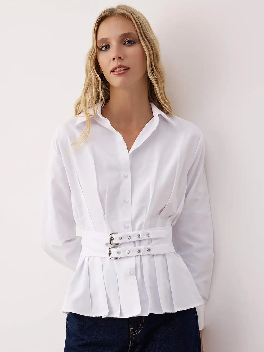 Buy Trendyol Women Cotton Shirt Collar Pleated Belted Cuffed