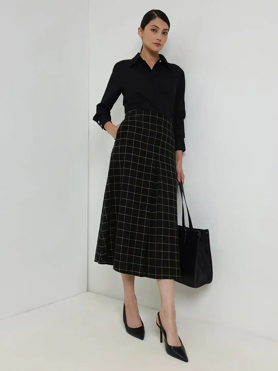 Buy FABLE STREET Women Checked Pure Cotton A-Line Midi Skirt