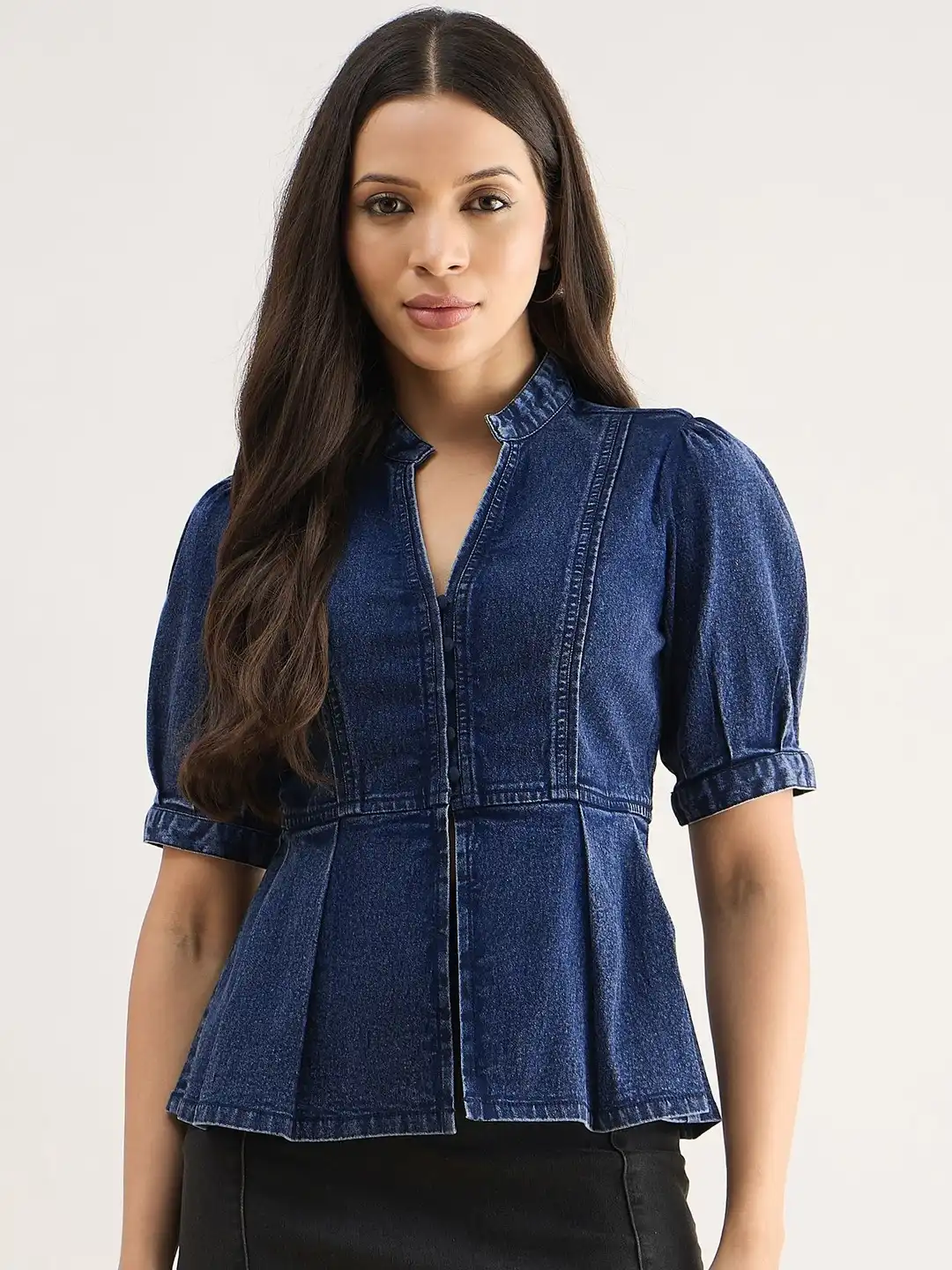 Buy Orchid Blues Mandarin Collar Puff Sleeve Cotton Denim Peplum