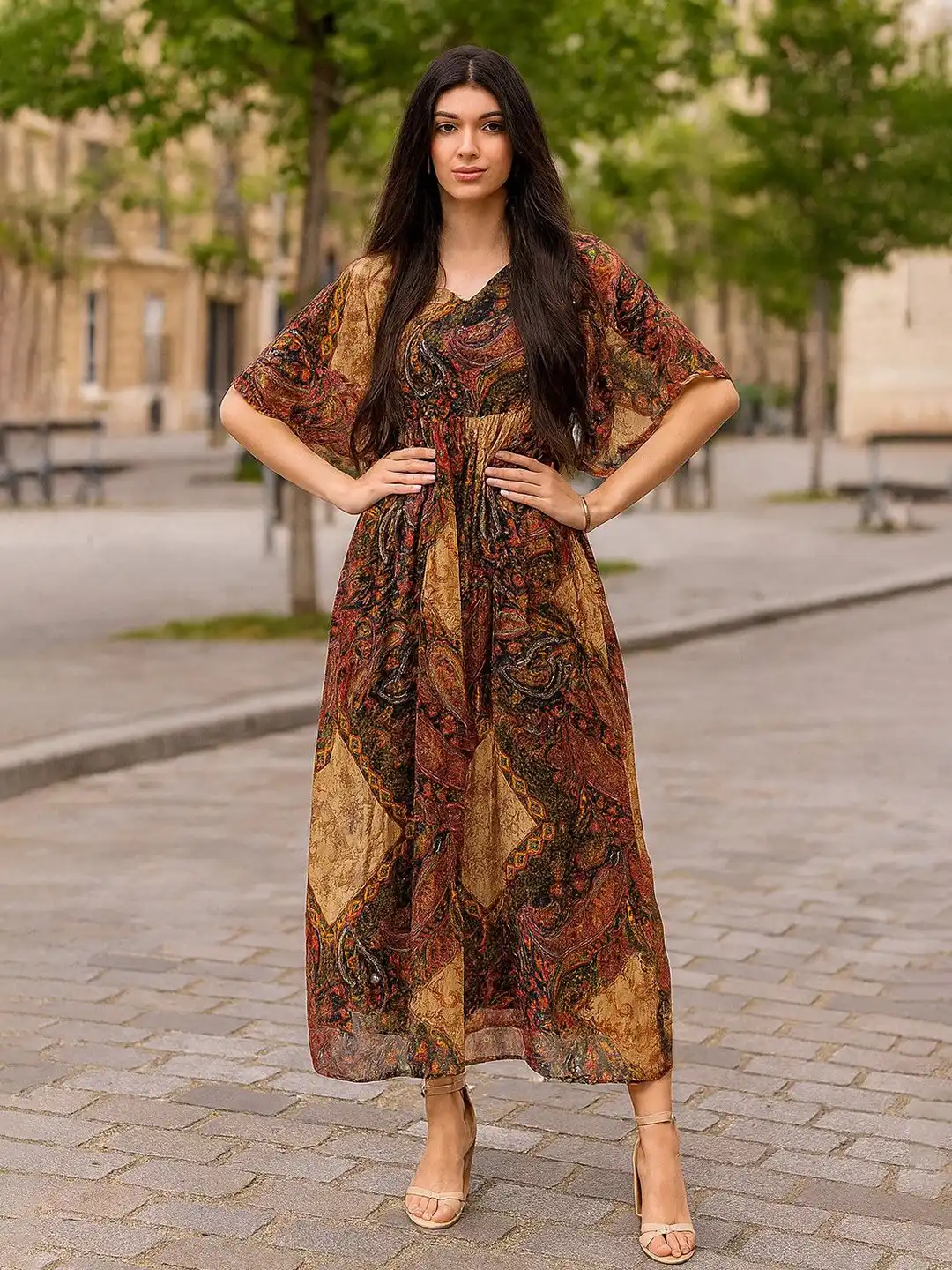 Buy DressBerry Print Batwing Sleeve Chiffon Kaftan Midi Dress - Dresses for  Women 37545614 | Myntra