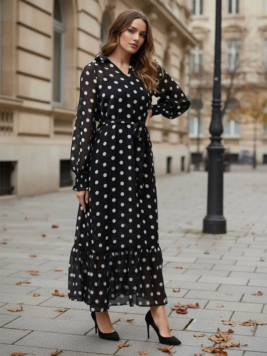 Buy Freehand by The Indian Garage Co Polka Dots Printed Cuffed Sleeves  A-Line Maxi Dress With Belt - Dresses for Women 22381160 | Myntra