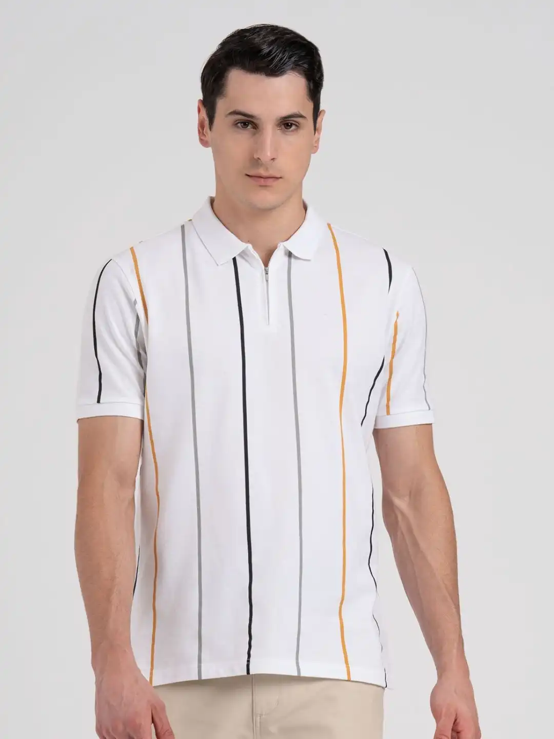 Buy Red Tape Men Pure Cotton Vertical Stripe Zipper Polo T-Shirt