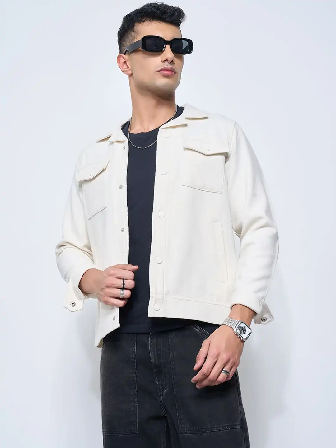 White Two Tone Denim Jacket Men People Men Washed Crop Denim