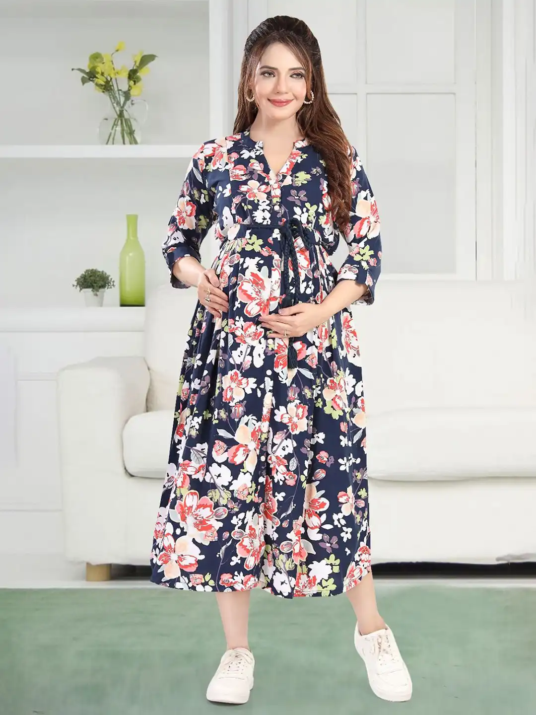 Buy MomsBae Floral Print Denim Maternity A-Line Midi Dress