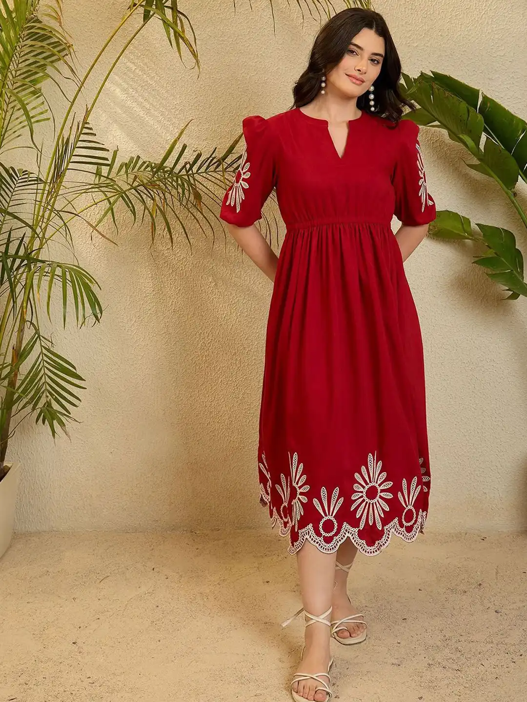Buy PTVIZE Women Floral Embroidered Puff Sleeve Fit & Flare Midi Dress -  Dresses for Women 37707505 | Myntra
