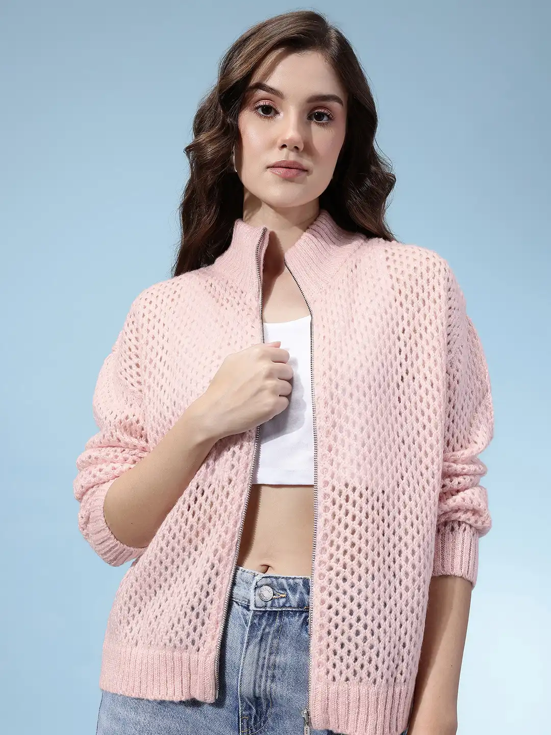 Buy glitchez Mock Collar Open-Knit Oversized Cardigan - Sweaters