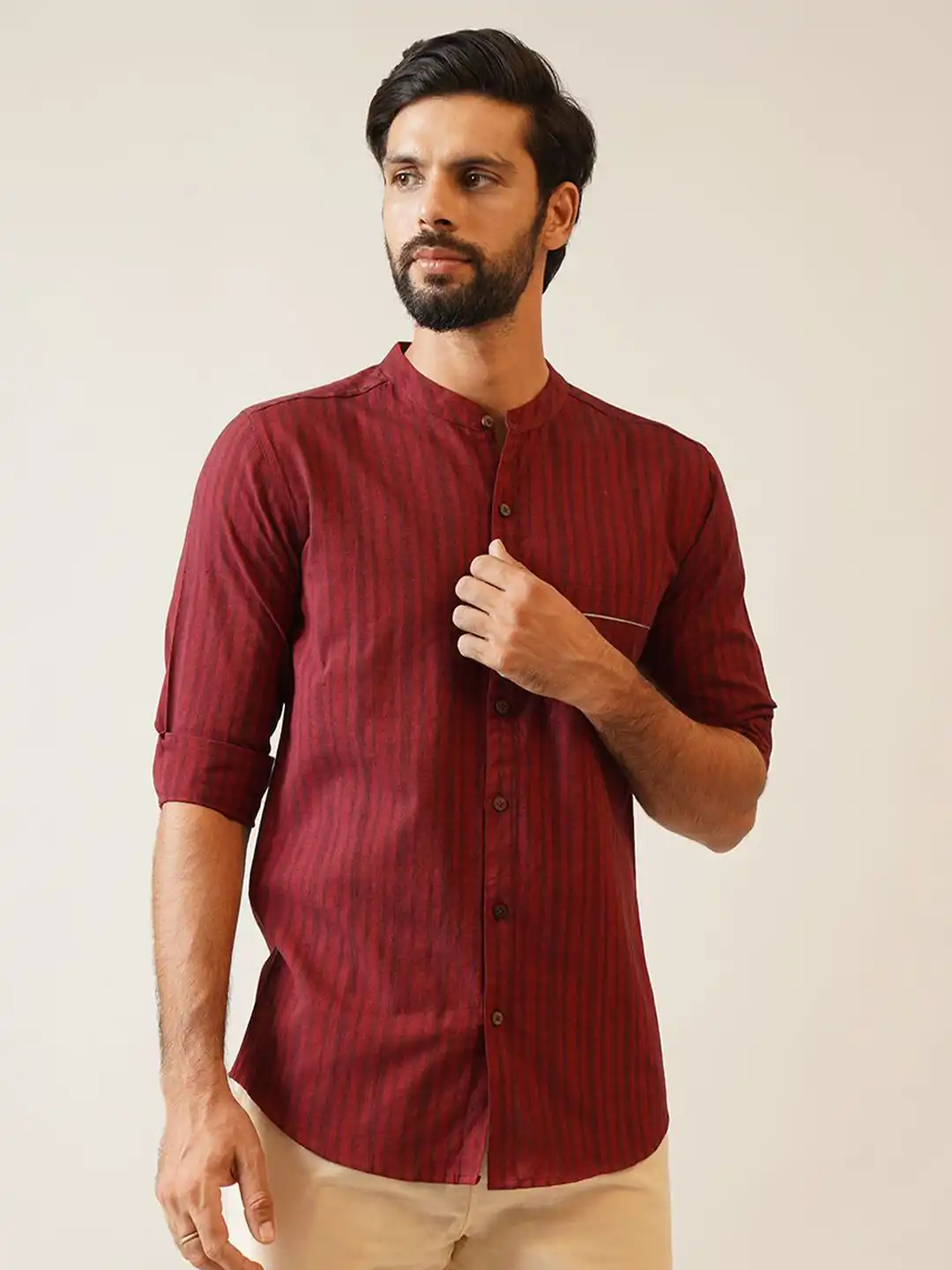 Buy JAYPORE Men Vertical Striped Mandarin Collar Cotton Casual