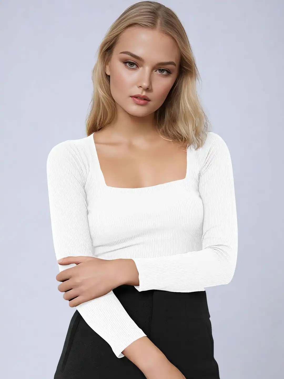 Buy Maheshvi Women White Ribbed Square Neck Top - Tops for Women