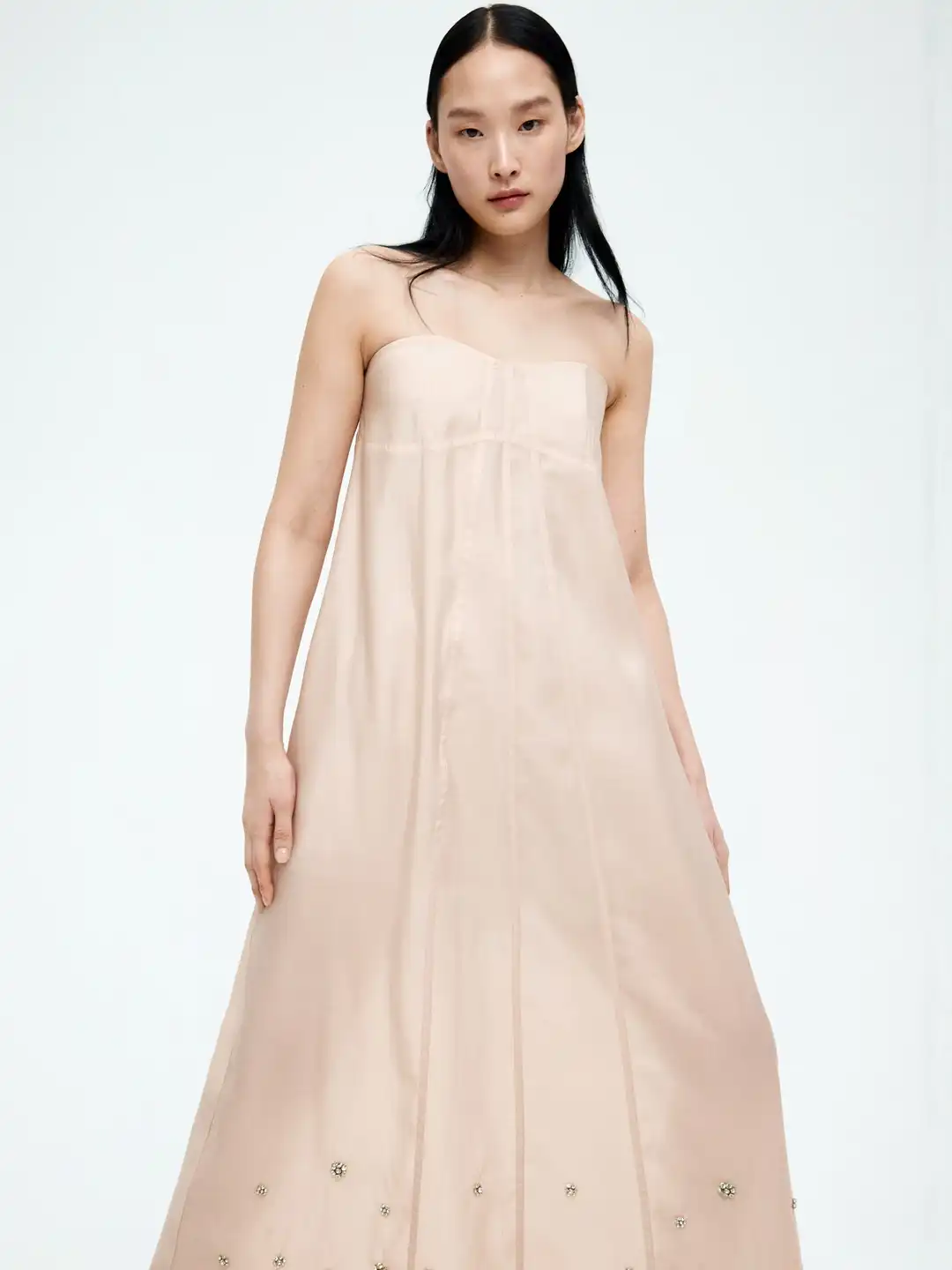 embellished bandeau maxi dress in beige Embellished Bandeau Cowl Neck Maxi Dress in Blush - 4