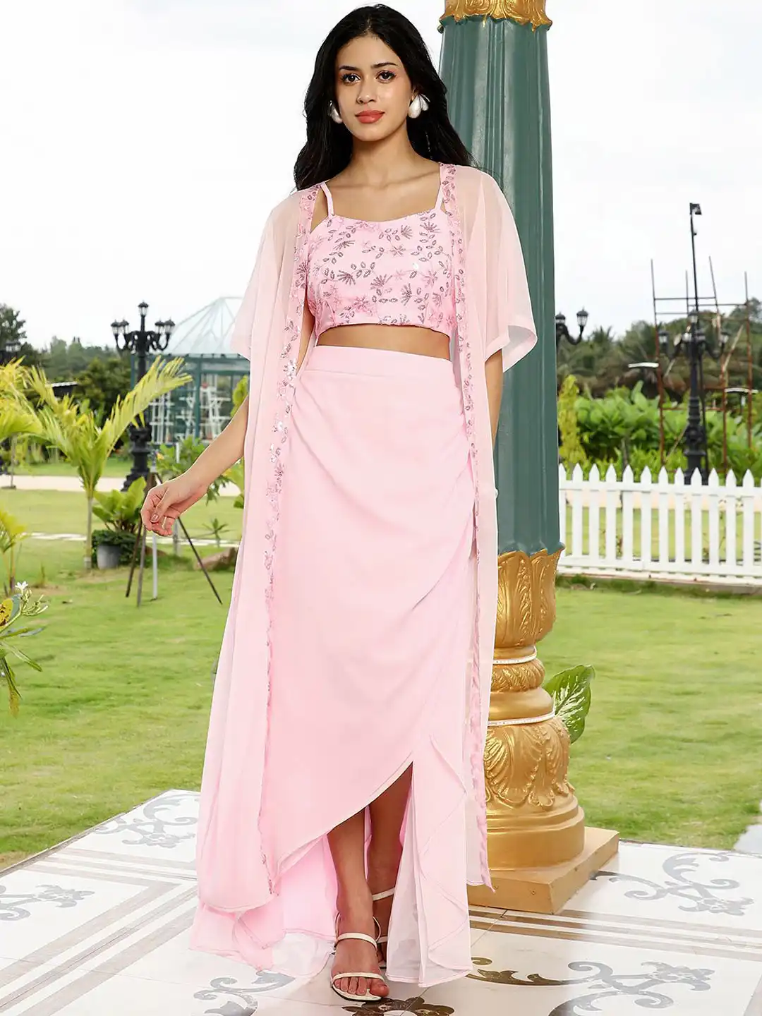 Buy QISSA Rose Pink Floral-Embroidered Draped Top & Skirt Co-Ords