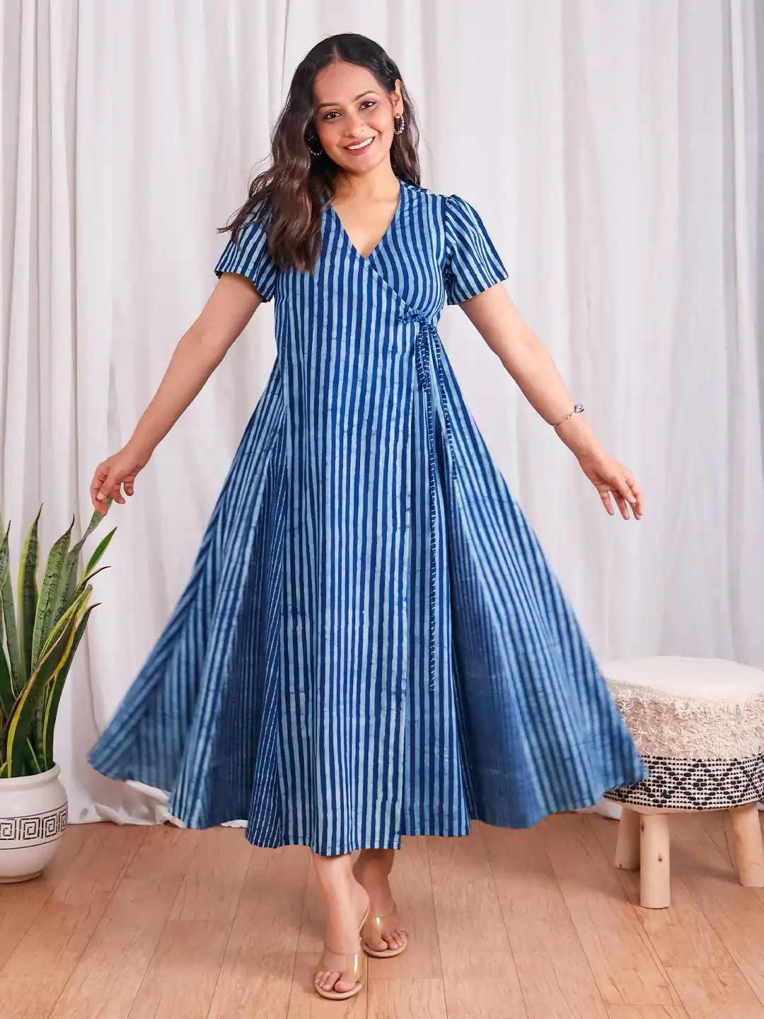 Buy Sivaka India Women Striped V-Neck Pure Cotton Wrap Maxi Dress
