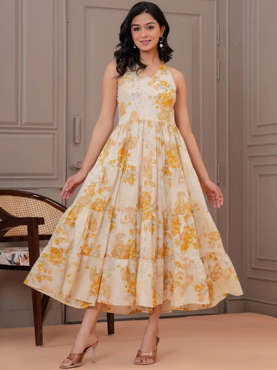Buy Mustard Yellow & White Abstract Fit & Flare Maxi Dress - Dresses for  Women 36944157 | Myntra