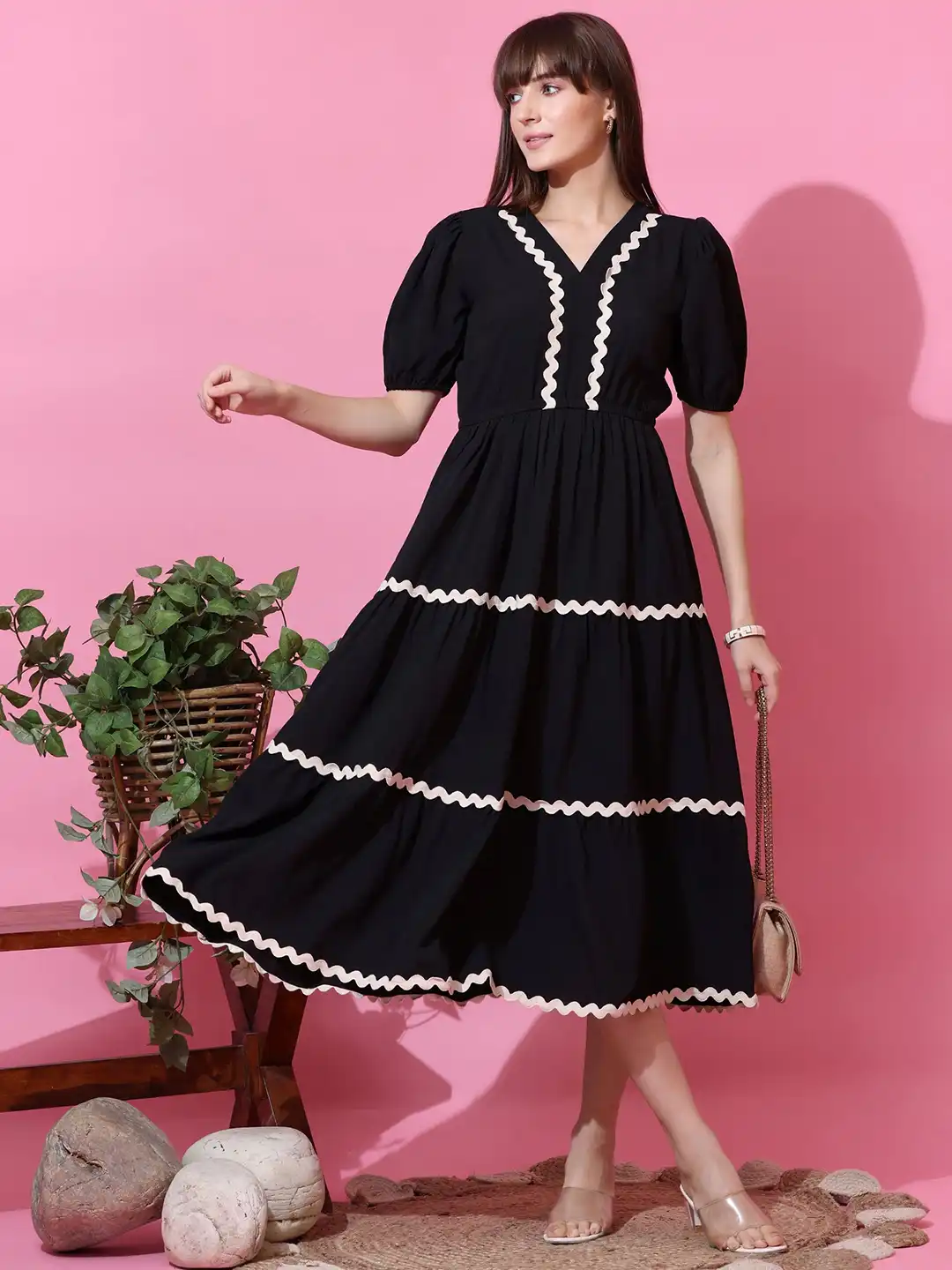 Buy SHEETAL Associates Women Puff Sleeve Crepe Fit & Flare Midi