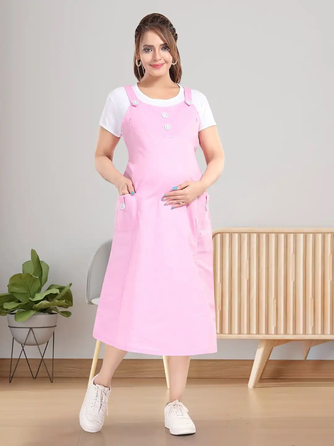 Buy MomsBae Women Solid Maternity Utility Pockets Pinafore Midi