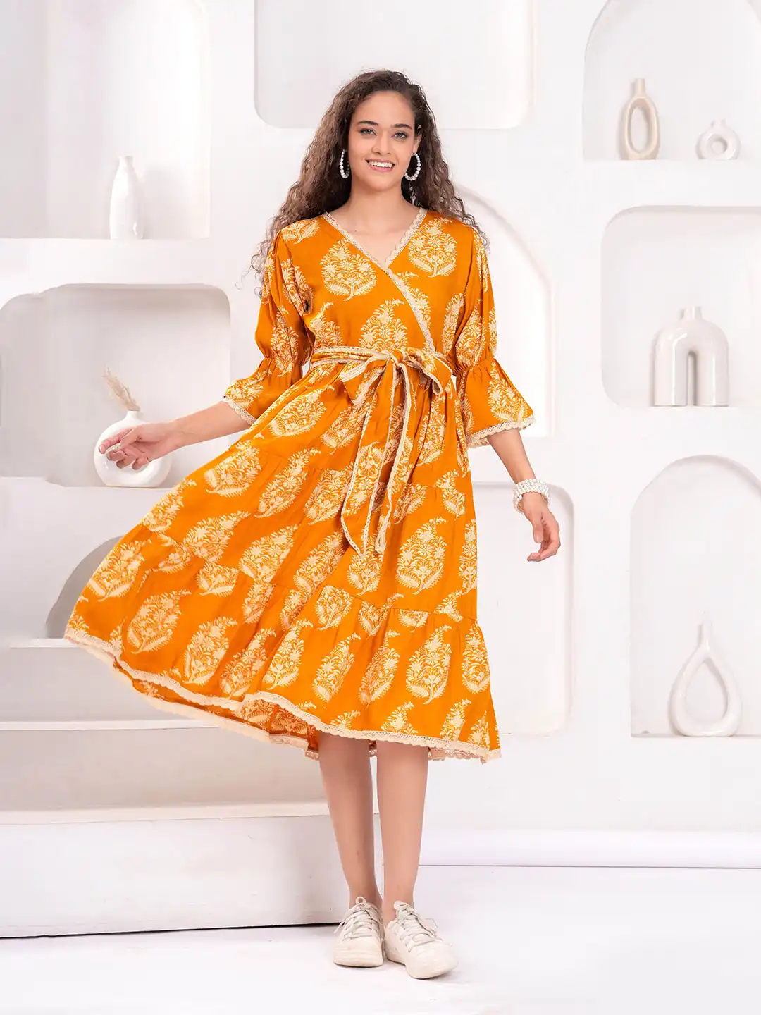 Buy HIGHLIGHT FASHION EXPORT Ethnic Motifs Printed Wrap Tie Ups Knee Length  Dress - Dresses for Women 37011921 | Myntra