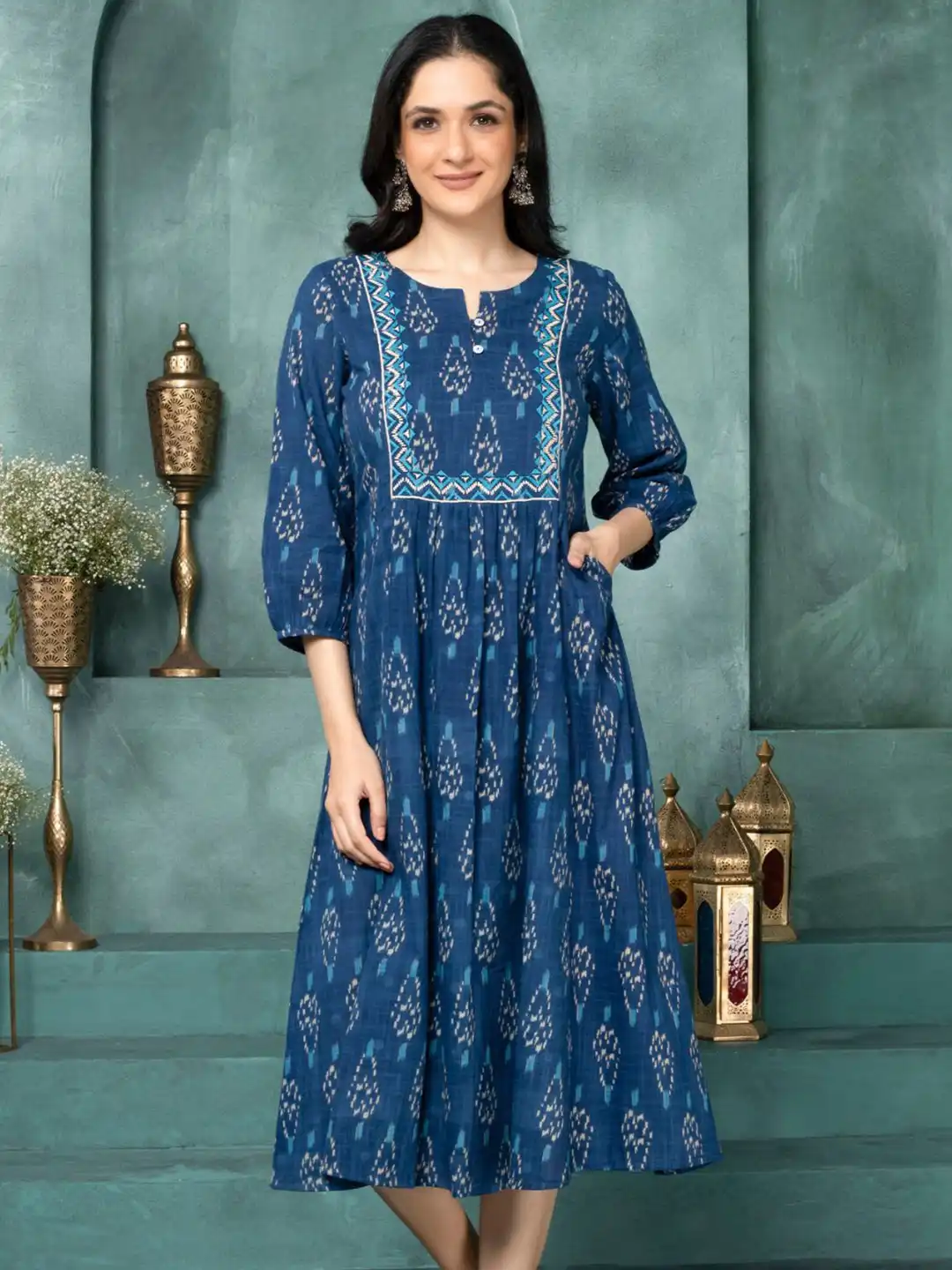 Buy Saffron Threads Women Cotton Ikat Print A-Line Midi Dress