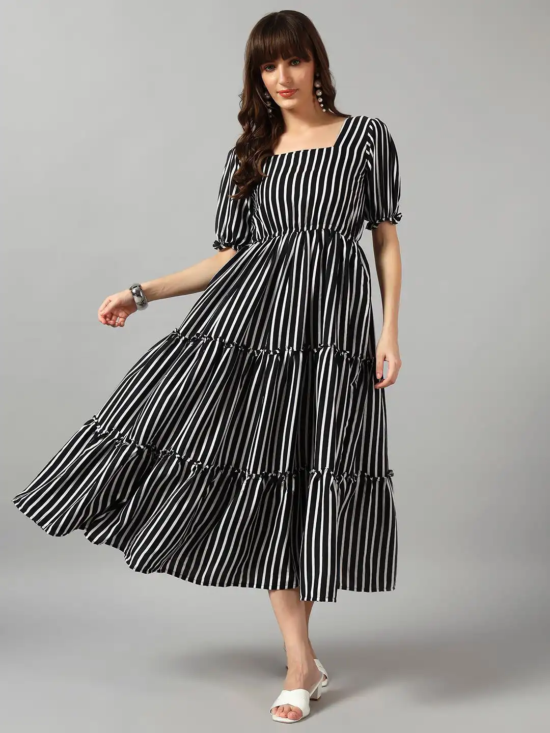 Buy Krunal Raiyani Women Striped Puff Sleeve Tiered Fit & Flare