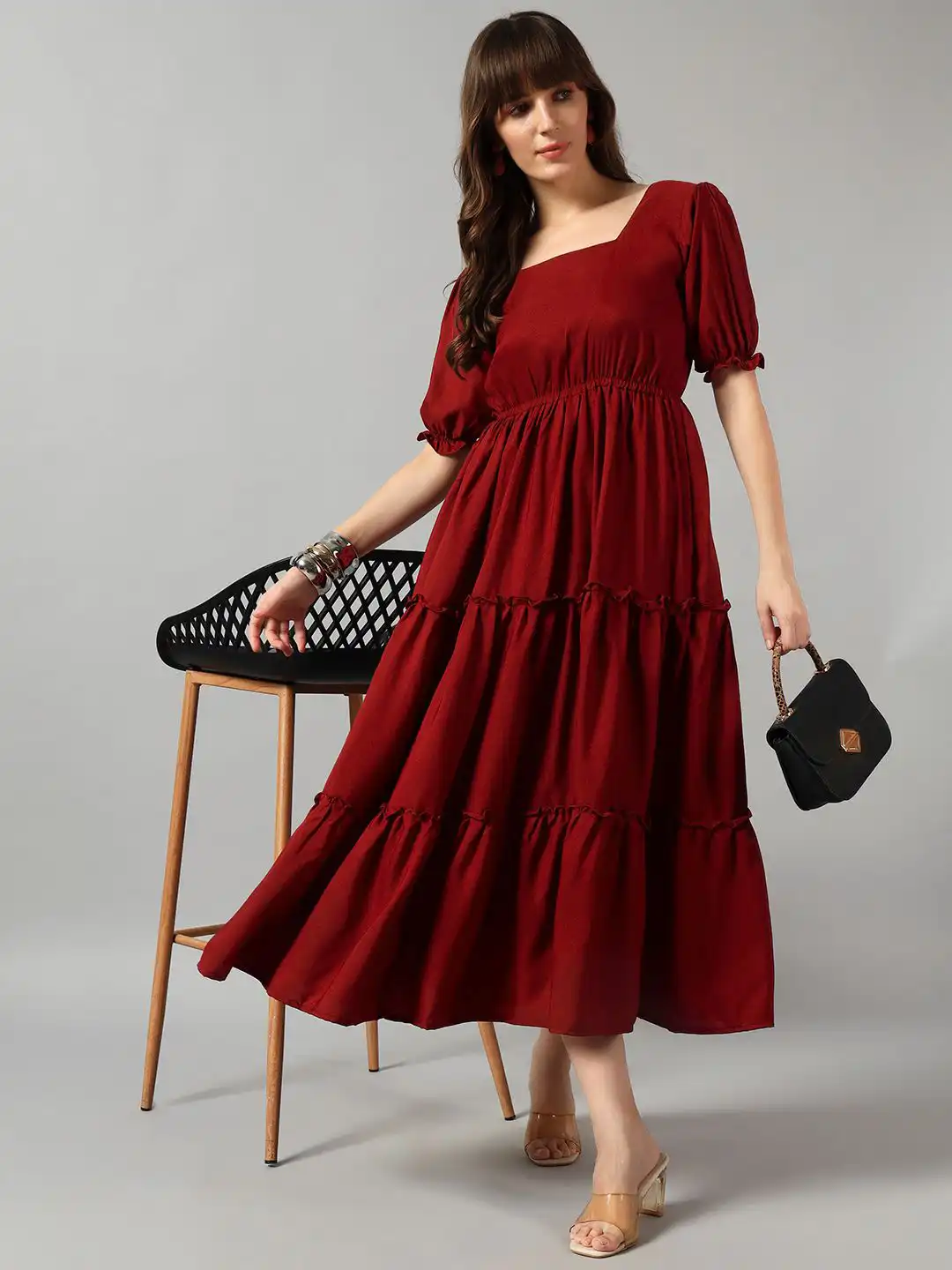 Buy Raiyani Fashion Women Solid Puff Sleeve Square-Neck Tiered Fit & Flare Midi Dress - Dresses for Women 37078858 | Myntra Buy Raiyani Fashion Women Solid Puff Sleeve Square-Neck Tiered Fit & Flare Midi Dress - Dresses for Women 37078858 | Myntra