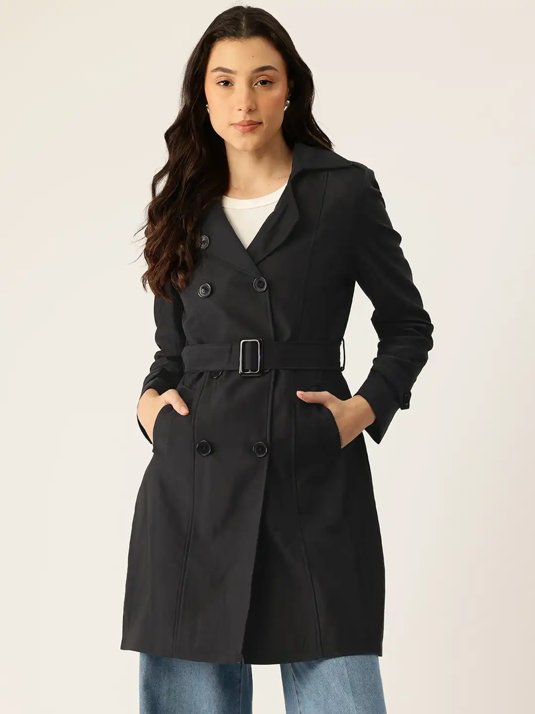 Buy Okane Notched Lapel Collar Double-Breasted Belted Trench Coat