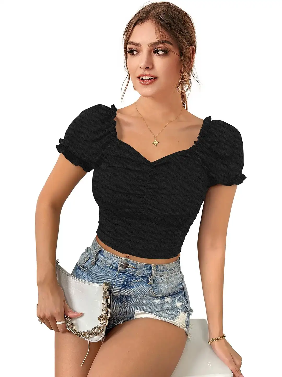 Buy SZN Sweetheart Neck Puff Sleeve Crop Top - Tops for Women