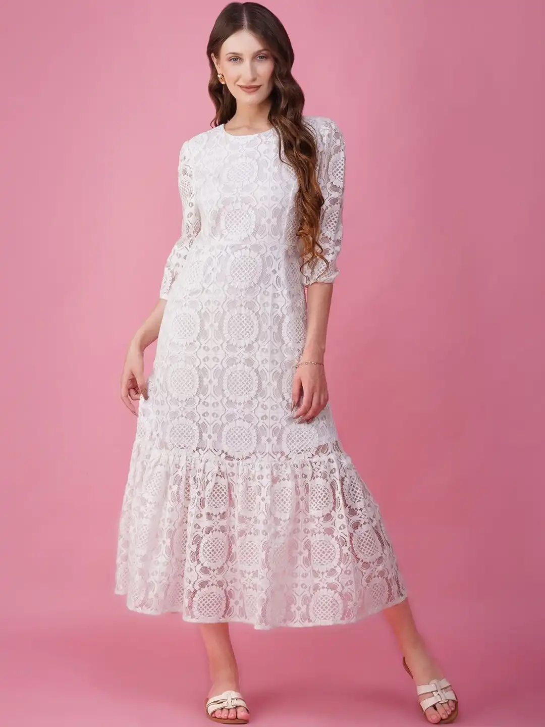 Buy HERE&NOW Women White Lace Embroidered Lace A-Line Midi Dress - Dresses  for Women 37114872 | Myntra