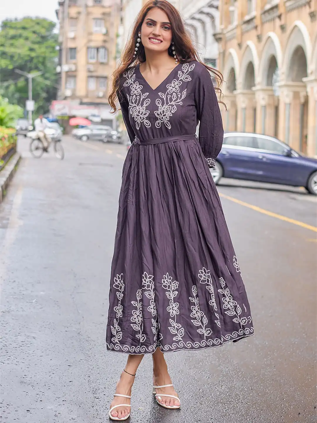 floral embroidered puff sleeve dress Mac Duggal - Blue Embroidered Puff Sleeve A-Line Gown