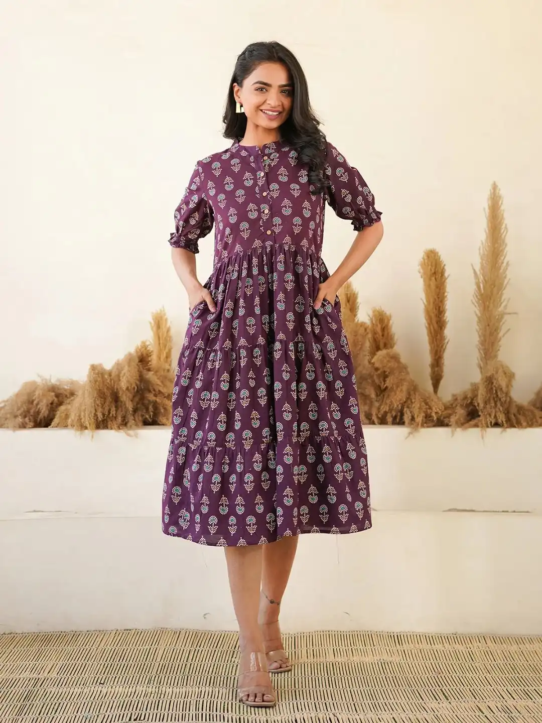Buy JAIMITI Ethnic Motifs Puff Sleeve Gathered or Pleated Knee Length Fit  and Flare Dress - Dresses for Women 37183211 | Myntra