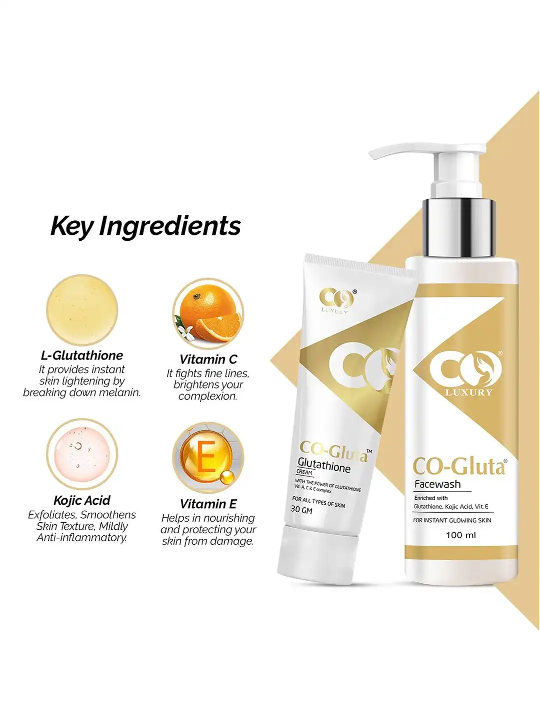 l glutathione gold whitening cleanser 24K Face Wash For extra Glow, Fairness and Smooth Skin Cleanses deeply to give a fresh feel & Look A facial cleanser helps remove skin impurities thoroughly with deep cleansing effect. CO LUXURY Set Of 2