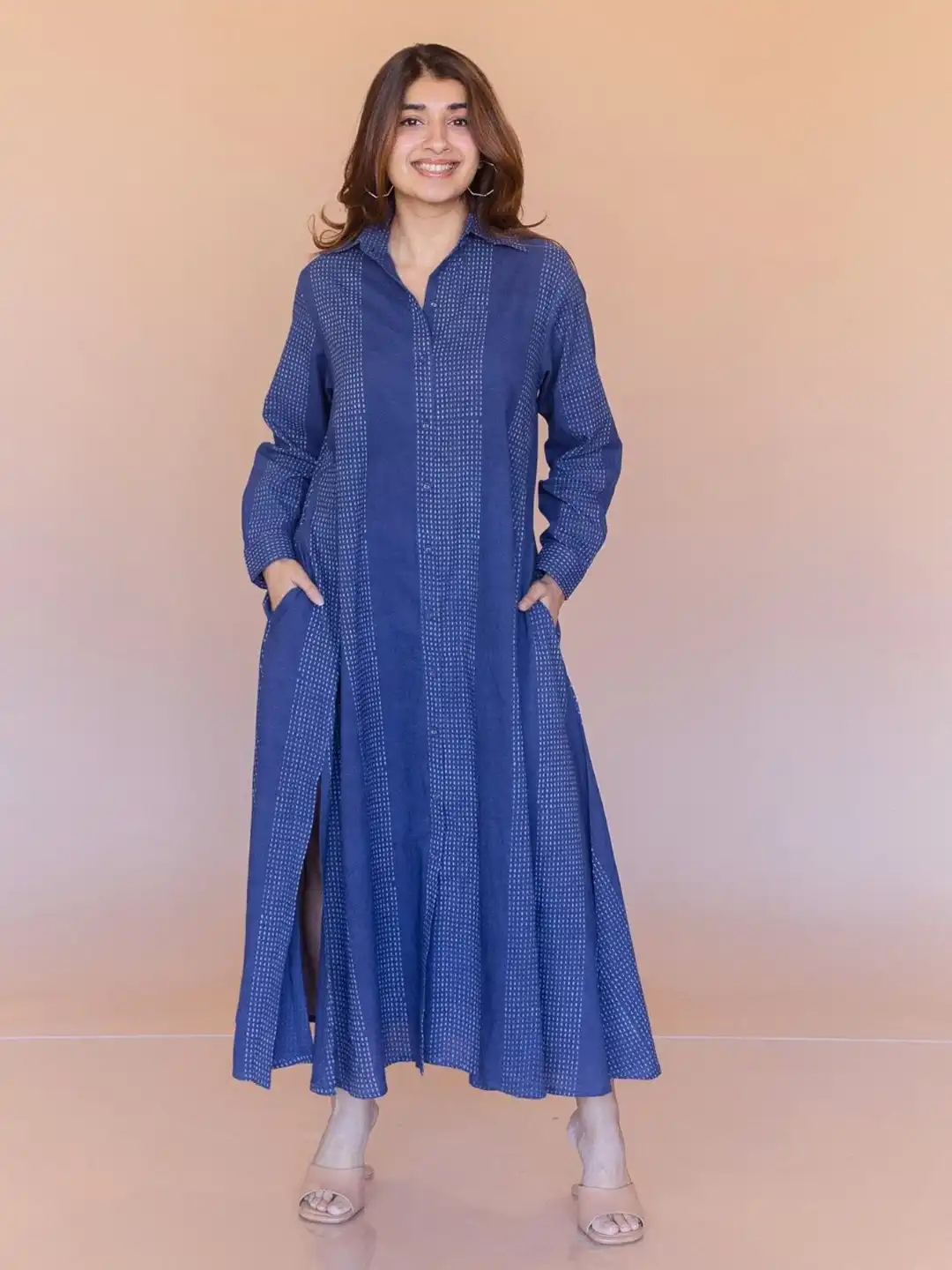 Buy THE INDIAN ETHNIC CO Women Shirt Collar Slits Cotton A-Line Maxi Dress  - Dresses for Women 37202291 | Myntra