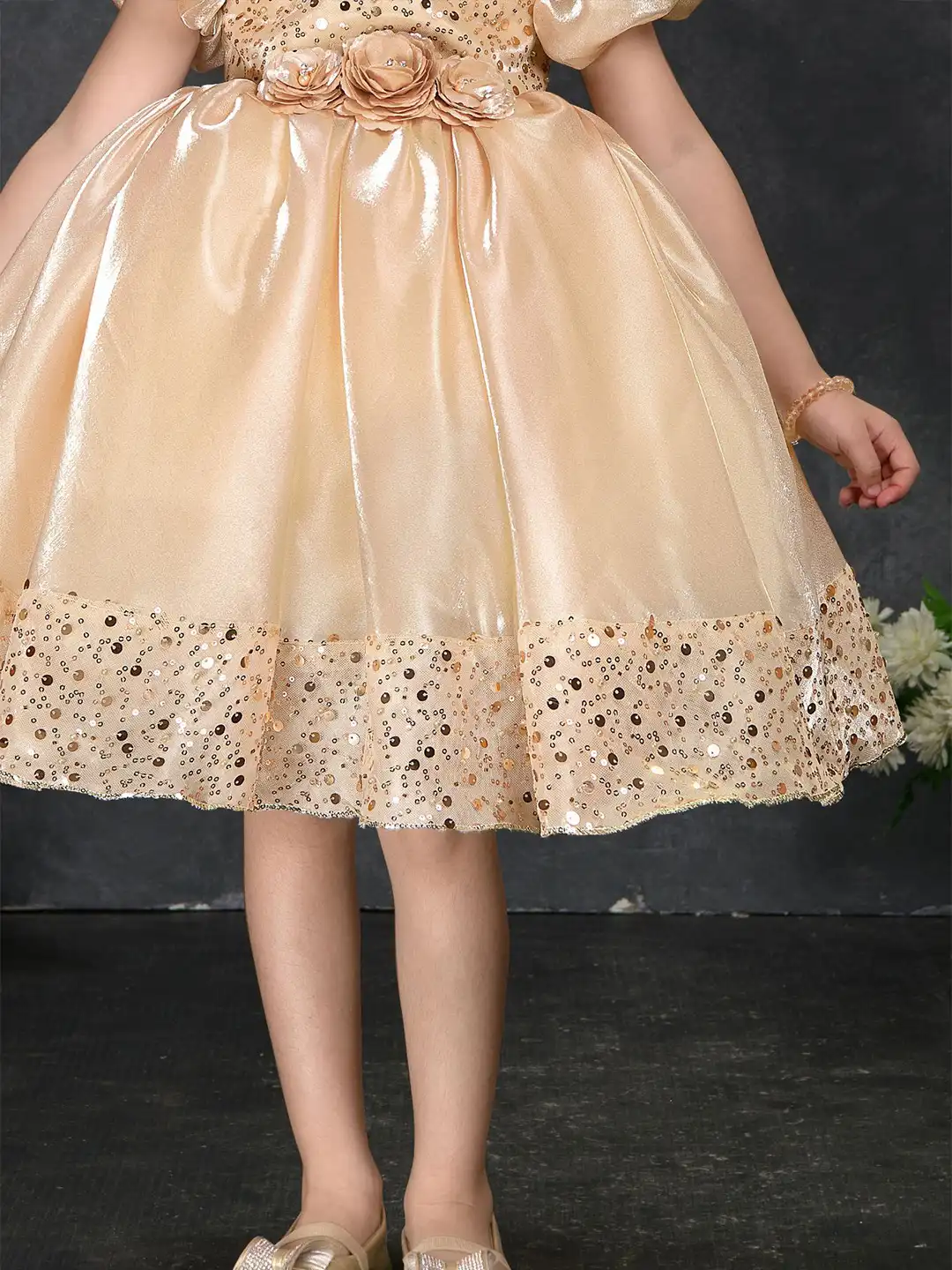 Buy Lagorii Girls Sequin Party Wear Frock with Puffy Sleeves and Floral  Waist Detail Gold - Dresses for Girls 37195210 | Myntra