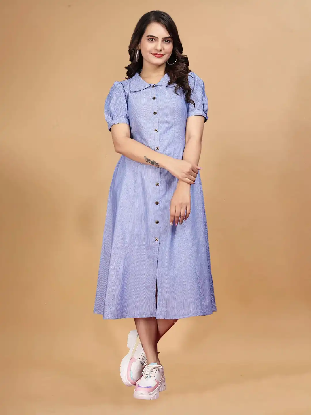 Buy QENA Women Peter Pan Collar Puff Sleeve A-Line Midi Dress - Dresses for  Women 37199628 | Myntra