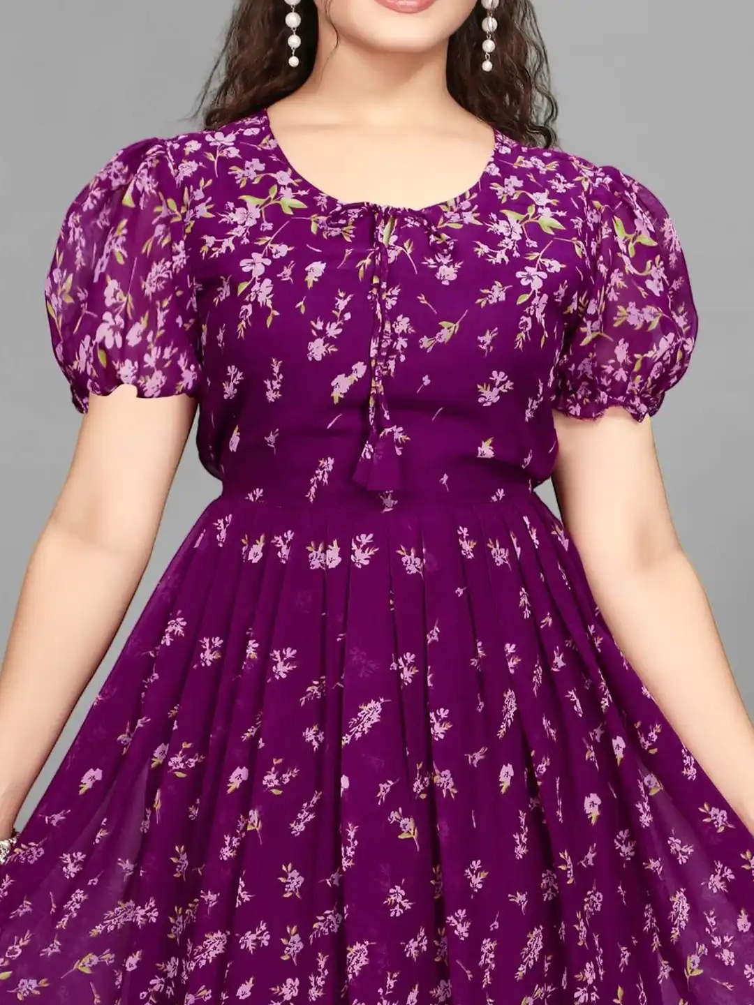 Buy QENA Women Round Neck Floral Print Puff Sleeve Fit & Flare