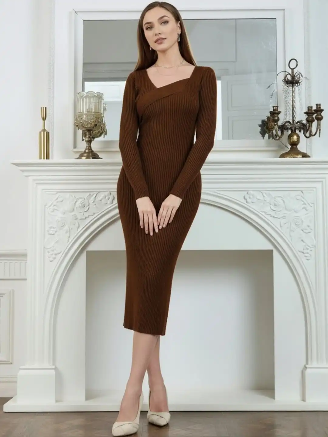 Buy SZN Women Brown V-Neck Ribbed Knit Polyester Bodycon Dress - Dresses for Women 37210650