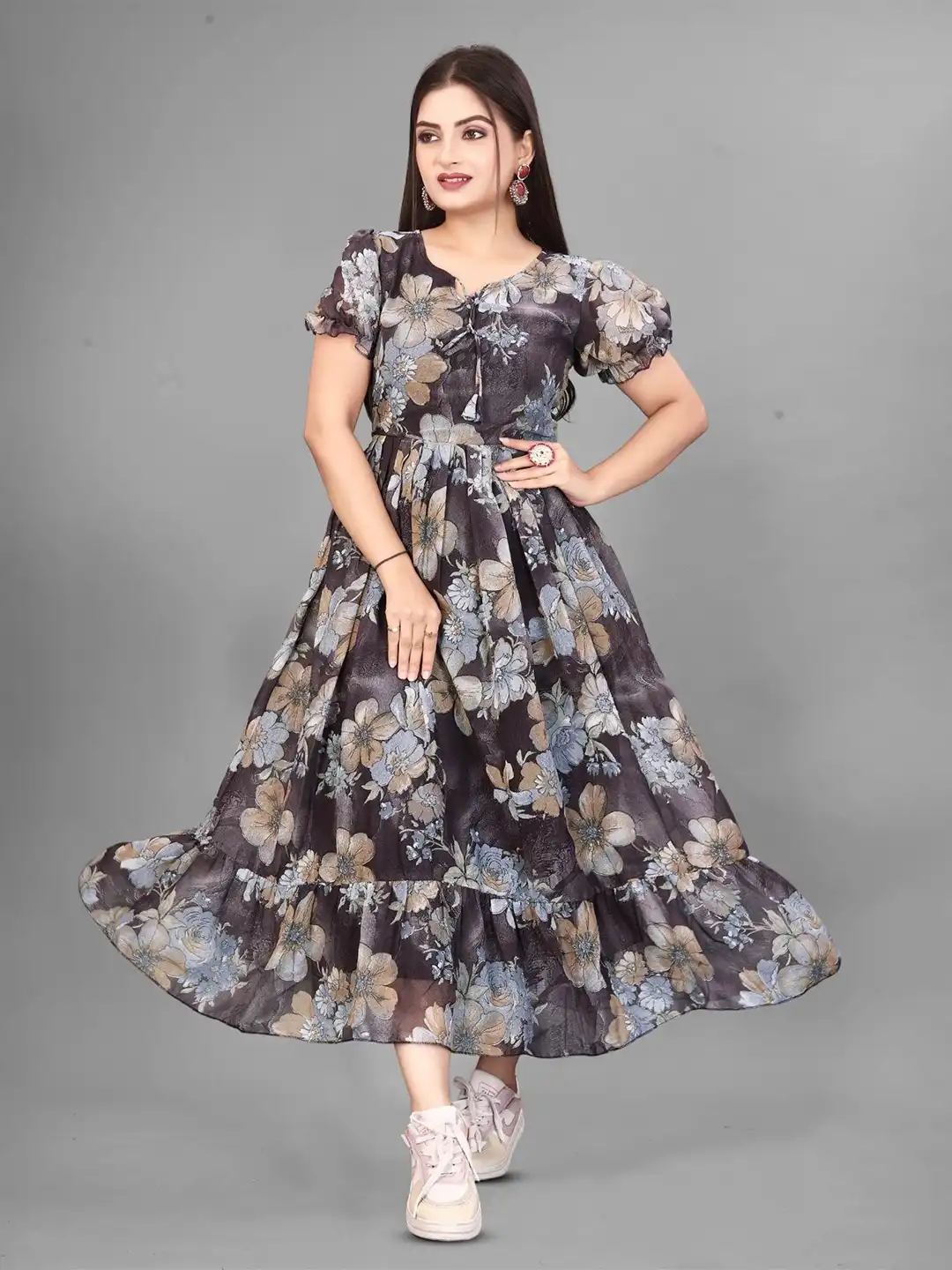 Flower motif puffsleeve dress M-long グレー Buy QENA Floral Print Puff Sleeve Fit & Flare Maxi Dress - Dresses