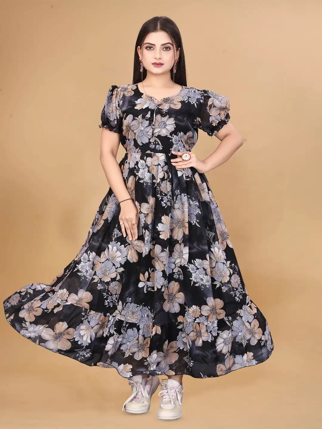Buy QENA Women Floral Print Puff Sleeve Georgette A-Line Maxi