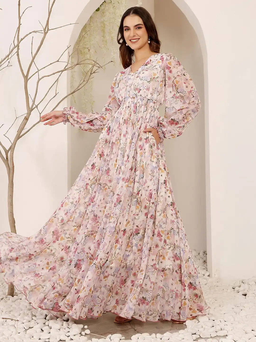 sachin and babi light blue dress Pink Full Sleeves Floral Printed Fit And Flare Dress For Women XS / Pink