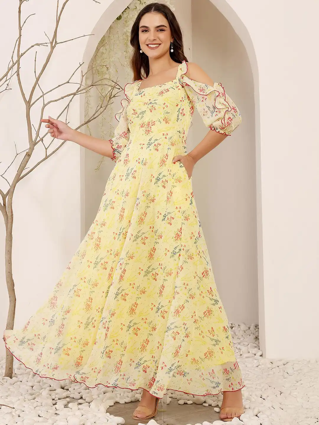 sachin and babi light blue dress List based in Rome, Italy | Chiffon Maxi Party Dress with Off-Shoulder  Floral Design