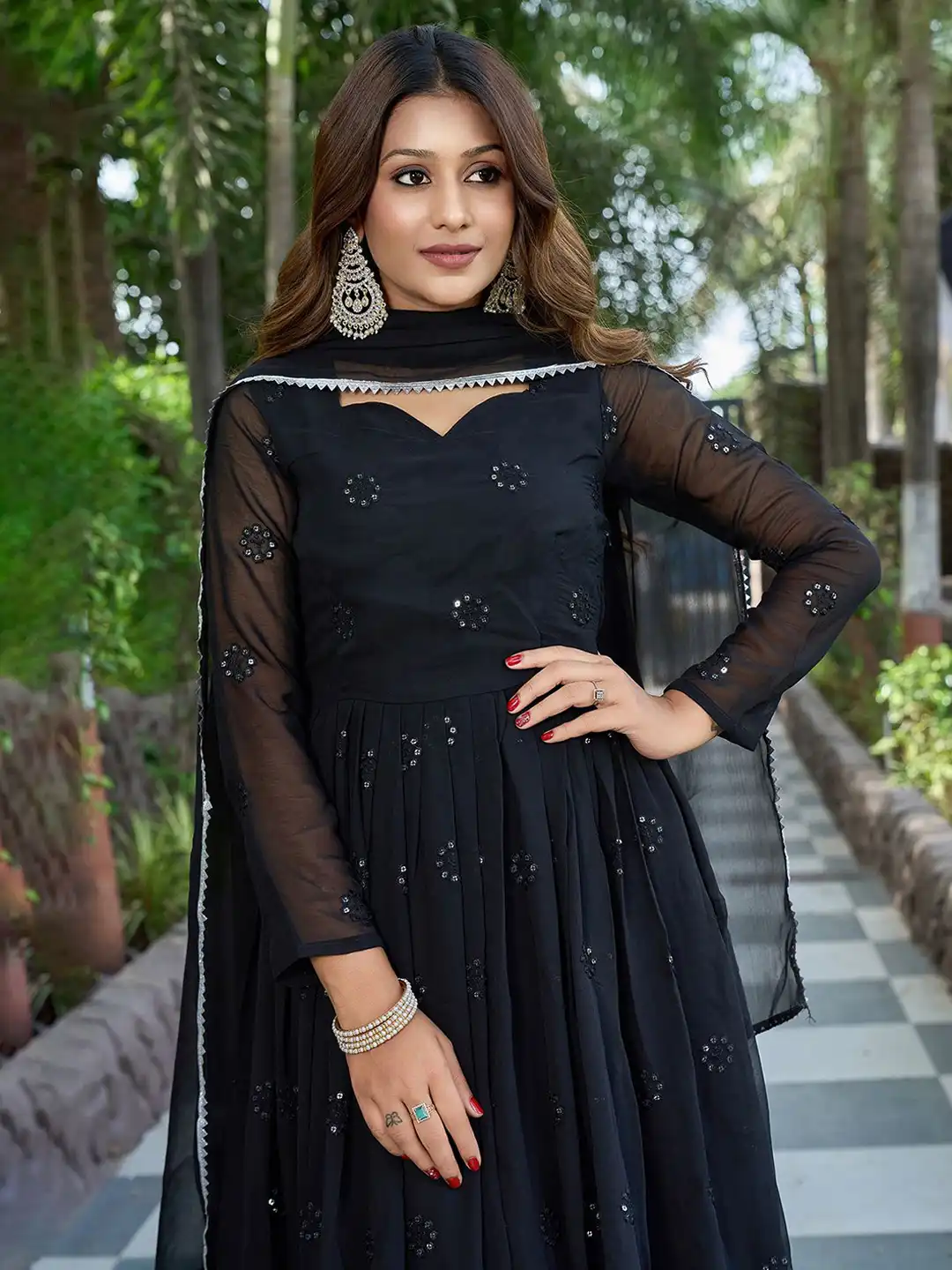 ♡ mmkt-6816♡ Buy Siya Fashion Geometric Embellished Sweetheart Neck Georgette
