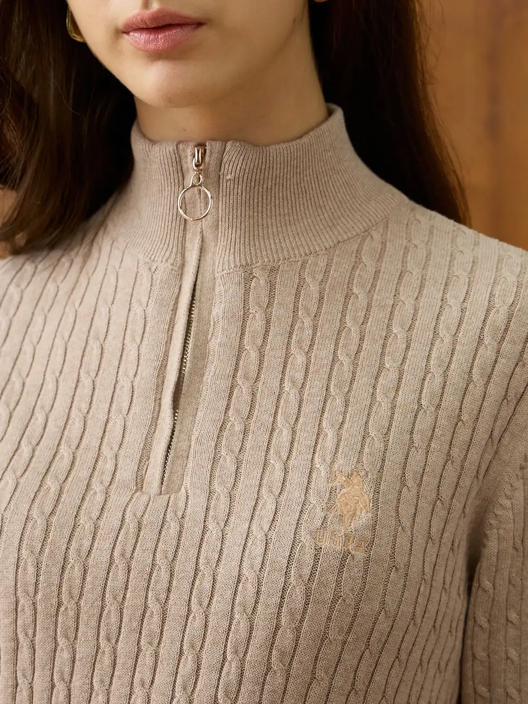 Buy U.S. Polo Assn. Women Women Cable Knit Half Zipper Pullover