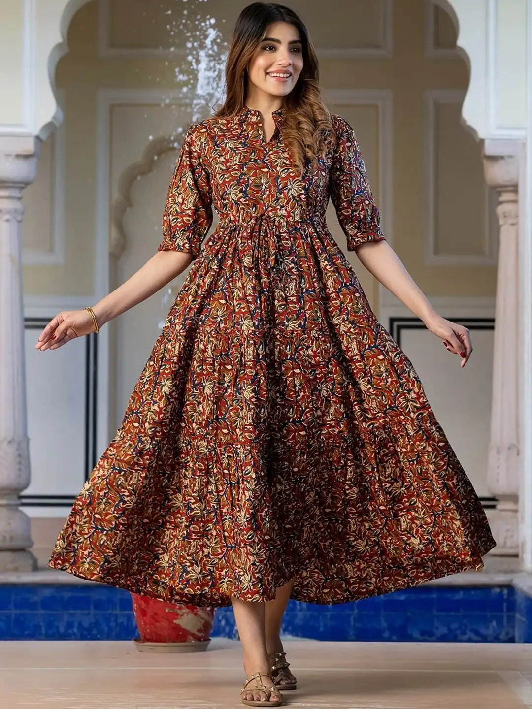 Buy Jash Creation Print Puff Sleeve Applique Crepe Fit & Flare
