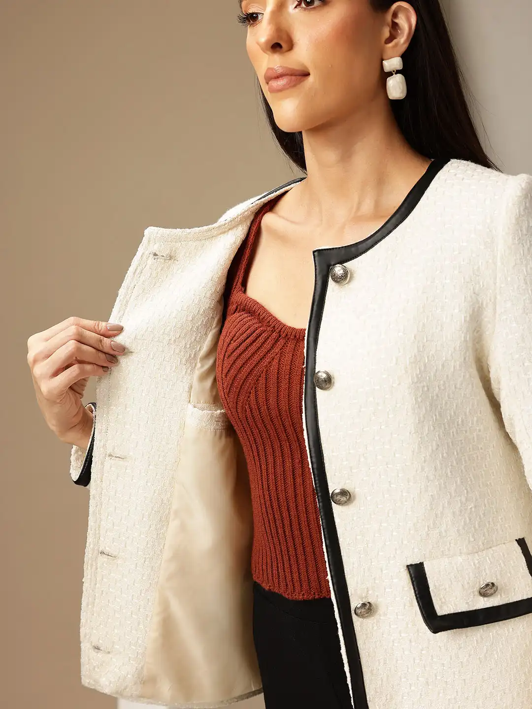 Buy Chemistry Collarless Single-Breasted Tweed Coat - Coats for