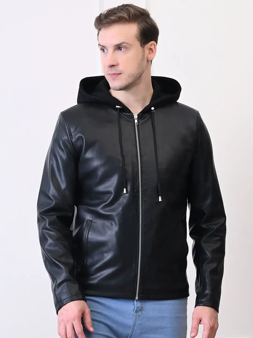 mens jackets leather jacket with cloth hood