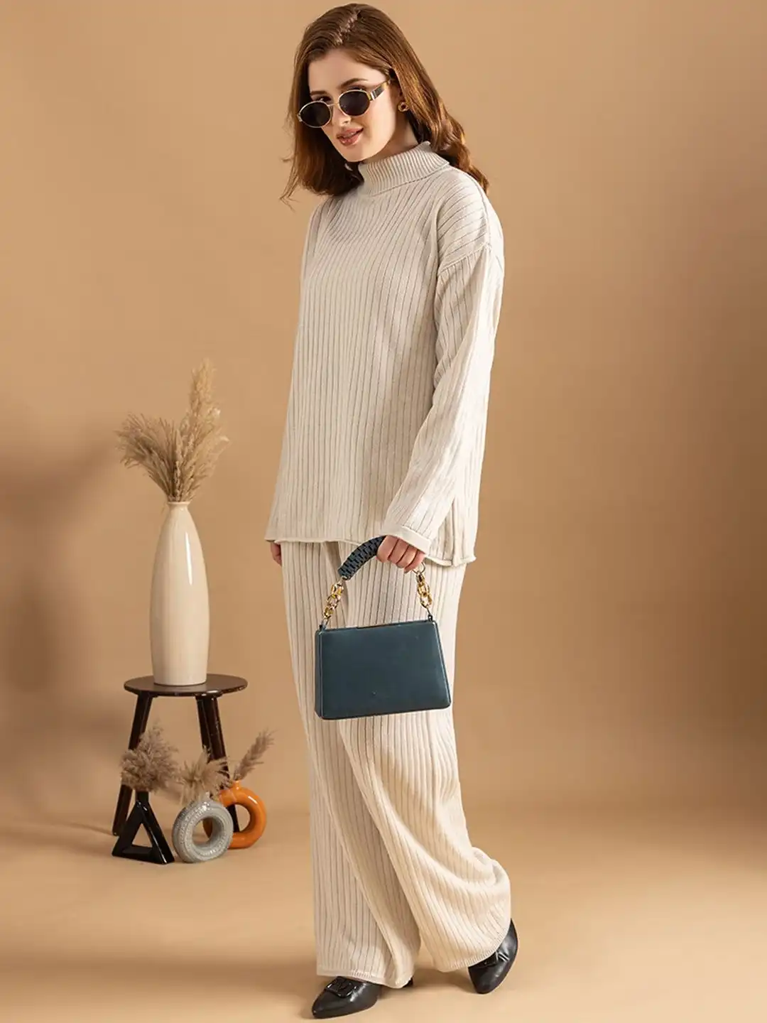 Buy Roadster Cream Colored Ribbed Knit Sweater & Wide-Leg Trousers