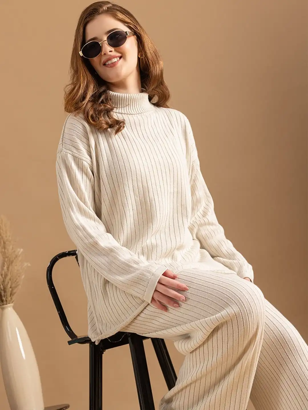 Buy Roadster Cream Colored Ribbed Knit Sweater & Wide-Leg Trousers