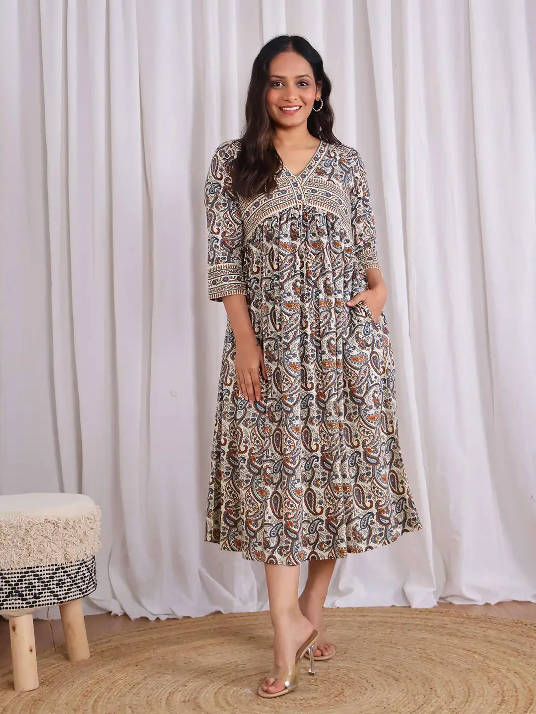 cotton midi dress india Hand Block Printed Cotton Midi Dress: Floral India Print Dress With Tassels